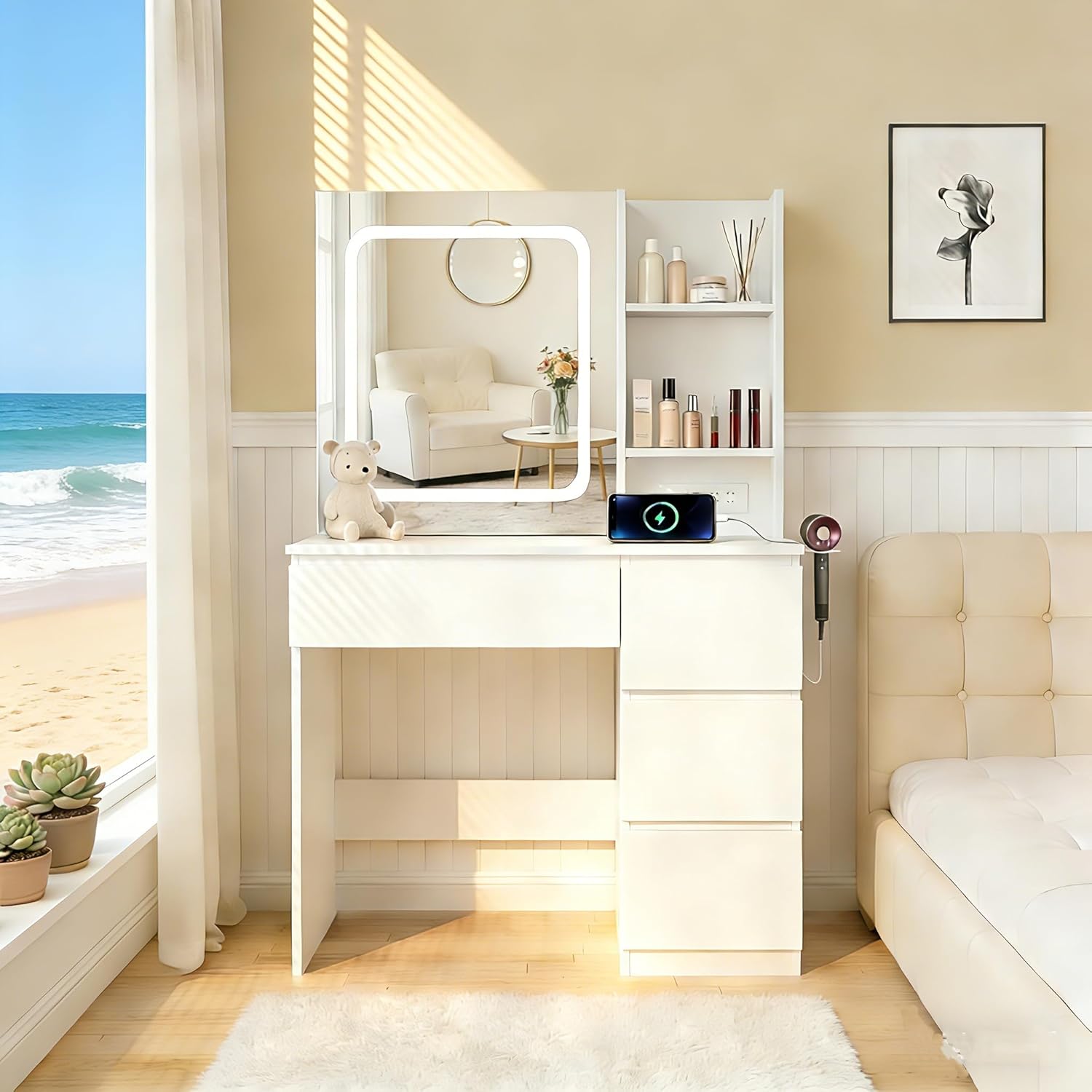 i*-Tocador de Maquillaje con E - Desk Setup Charging Station reseña y precio