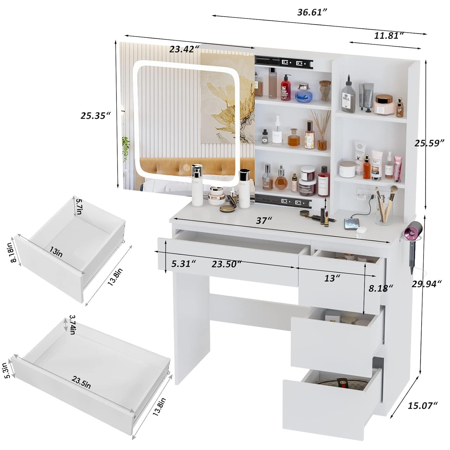 i*-Tocador de Maquillaje con E - Desk Setup Charging Station reseña y precio
