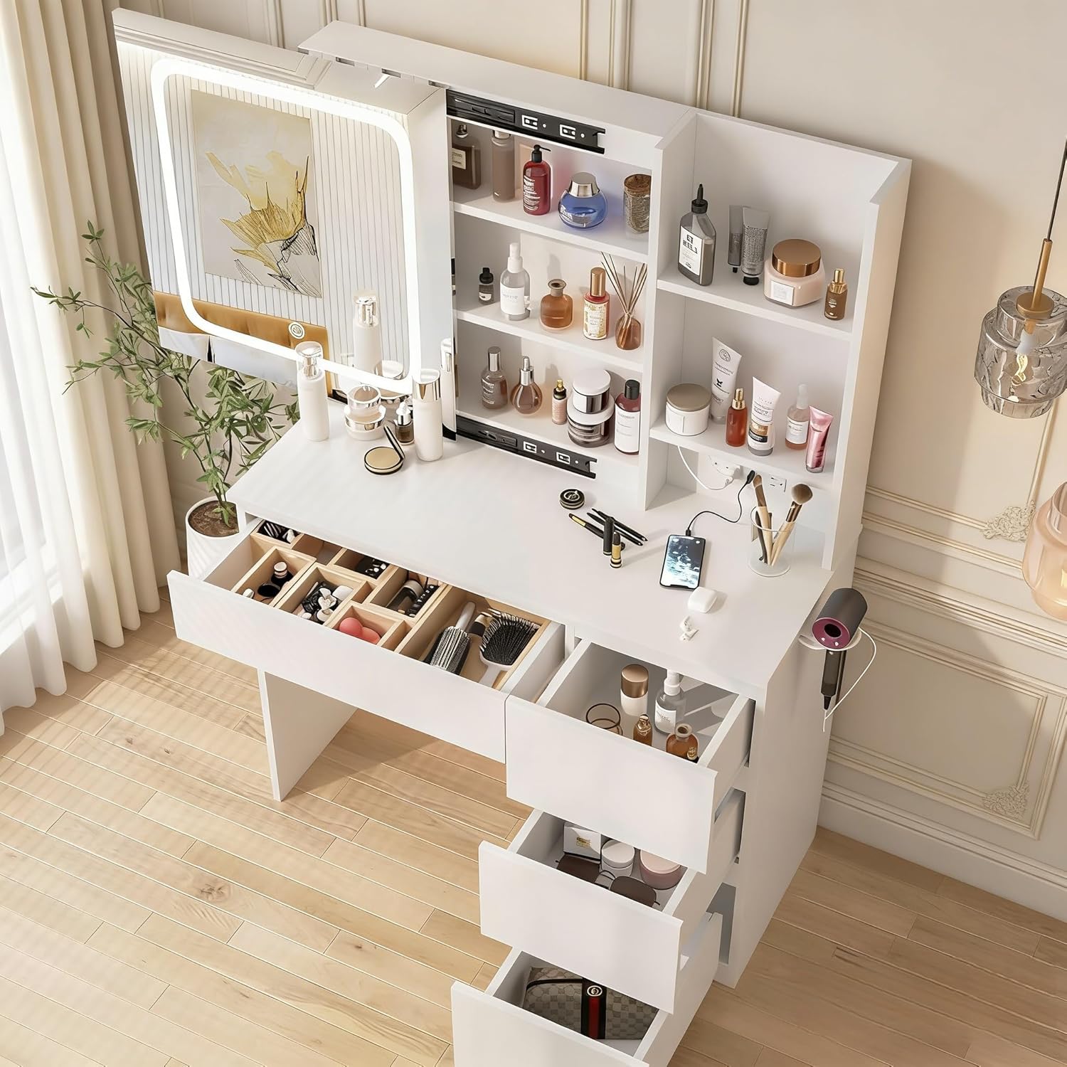 i*-Tocador de Maquillaje con E - Desk Setup Charging Station reseña y precio